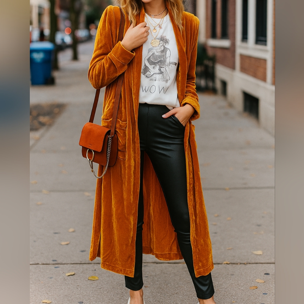 Retro Velour 70s Longline Open Front Cardigan Split Hem Sweater Duster Jacket